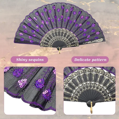 Miniatura 3 de Jetec Abanico español de encaje de 2 piezas, ventilador de mano plegable chino de mano para mujer, disfraz de baile de los años 20, regalo de azul