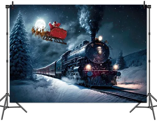 Miniatura 4 de Fondo de fotografía de tren de Navidad, tren nocturno de invierno, Papá Noel, fondo fotográfico para Navidad, Año Nuevo, fiesta infantil