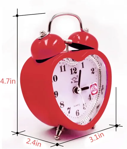 Miniatura 5 de Reloj despertador de plástico con forma de corazón pequeño de 3 pulgadas con forma de corazón duro, silencioso, analógico, de cuarzo, para Rojo