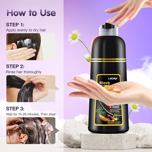 Miniatura 3 de Leorx Champú 3 en 1 para teñir el cabello marrón, color para refrescar el cabello, coloración herbaria instantánea para mujeres y hombres, 16.9