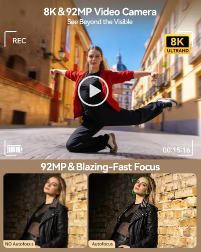 Miniatura 2 de Cámara digital 8K para fotografía, cámara de vlogging WiFi de 92MP para pantalla frontal y trasera, zoom digital 18X, cámara de apuntar y disparar