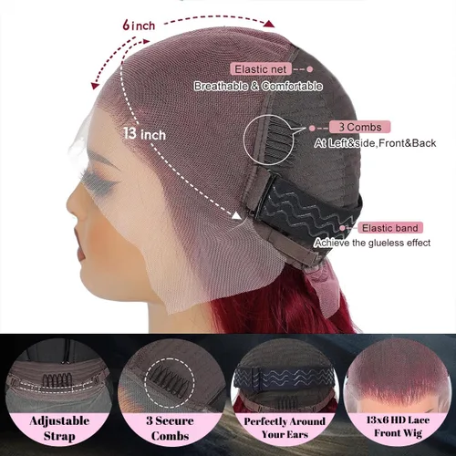 Miniatura 5 de Pelucas de cabello humano con encaje frontal color borgoña 99J, pelucas onduladas sueltas de 13 x 6, peluca de cabello humano burdeos de 22 pulgadas