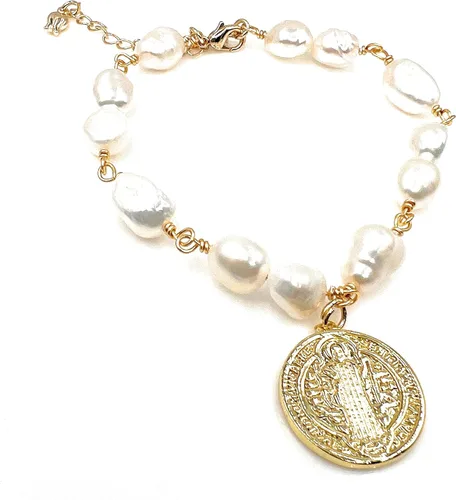 Miniatura 3 de San Benito - Pulsera de perlas barrocas con medalla chapada en oro de 18 quilates para mujer joyería de moda M Vidrio Chapado en oro