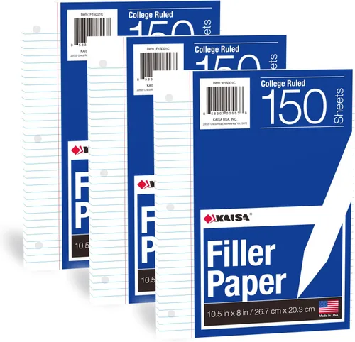 Kaisa Papel de relleno de hojas sueltas de 8 x 10.5 pulgadas, con rayas universitarias, 3 agujeros perforados para carpeta de 3 anillas, 150 College
