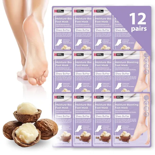 Original Derma Beauty - Máscara para pies, 12 pares de máscaras de manteca de karité que aumentan la humedad, conjunto de mascarillas para pies,