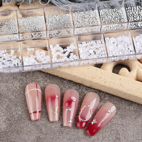 Miniatura 5 de 1 caja/12 rejillas para arte de uñas, perlas blancas para uñas, cuentas de perlas semicirculares, pequeñas cuentas de acero inoxidable, cuentas