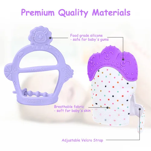 Miniatura 6 de Vicloon Manopla de dentición de silicona, 2 manoplas de dentición con correa ajustable, sonido arrugado y texturizado, juguetes masticables