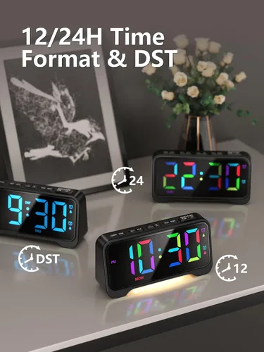 Miniatura 8 de Mesqool Reloj despertador súper fuerte para dormitorios, modo de fin de semana/día de la semana, atenuador, repetición, 12/24 horas, horario de Negro