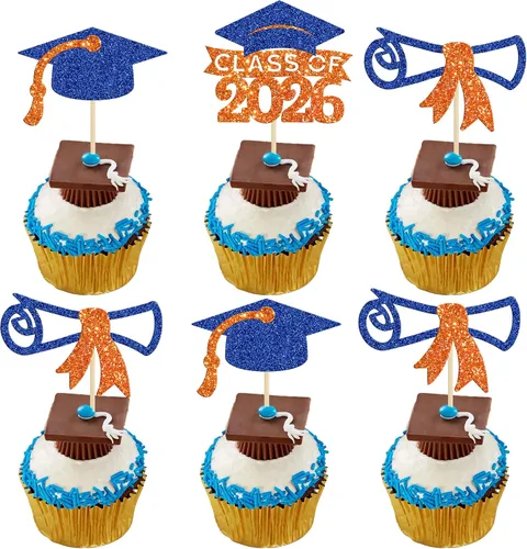Miniatura 14 de Gyufise 24 piezas Adornos para pastel de graduación 2026 con purpurina negra, clase de 2026, adornos para magdalenas con gorra de graduación