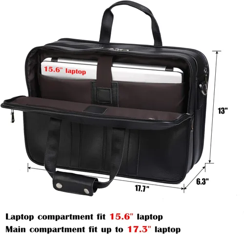 Miniatura 4 de Maletín de cuero de grano completo para hombre grande de 17 pulgadas de viaje de negocios bolsa de mensajero portátil con cremalleras de metal YKK