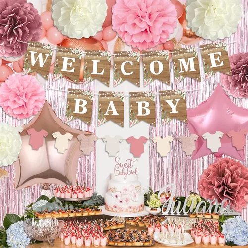 Miniatura 7 de Decoración de baby shower rosa polvoriento, juego de decoración de baby shower para niña con pancarta de bienvenida para bebé, pompones de papel