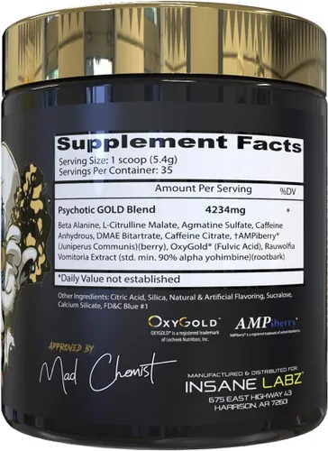 Miniatura 2 de Insane Labz Psychotic Gold, polvo de preentrenamiento altamente estimulante, concentración y energía de extrema duración, bombeo muscular