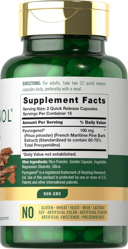 Miniatura 2 de Carlyle Pycnogenol 100mg 30 cápsulas Extracto de corteza de pino marítimo francés Pinus Pinaster Suplemento sin OMG y sin gluten