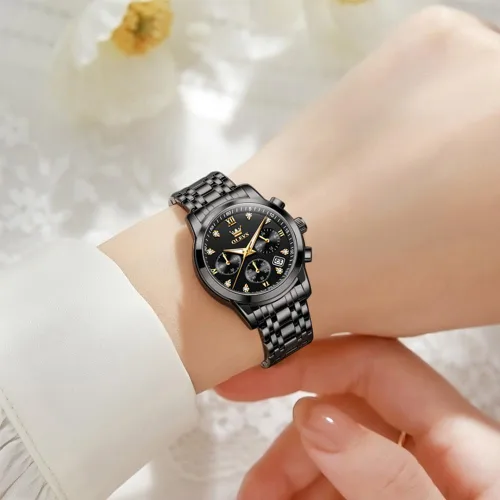 Miniatura 2 de OLEVS Reloj multifuncional de dos tonos para mujer, reloj analógico de cuarzo para mujer, de acero inoxidable, resistente al agua, con diamantes