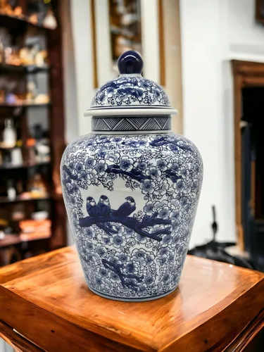Miniatura 7 de Jarrón de jengibre con templo floral de porcelana azul y blanca de 12.5 pulgadas, estilo chino Qing (azul)
