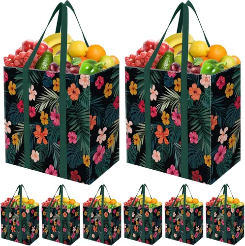 Miniatura 24 de BALEINE 2 PK Grocery Bags Reusable Shopping Bags with Reinforced Bottom, Heavy Duty Foldable Tote Bags (Antique Folidage)