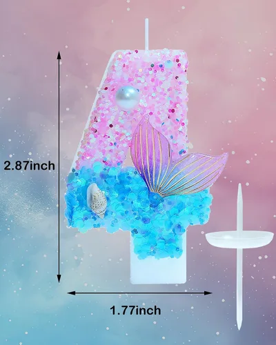 Miniatura 3 de Velas de cumpleaños con temática de sirena, número 4 para niñas, suministros para fiesta de cumpleaños con purpurina, decoración de fiesta