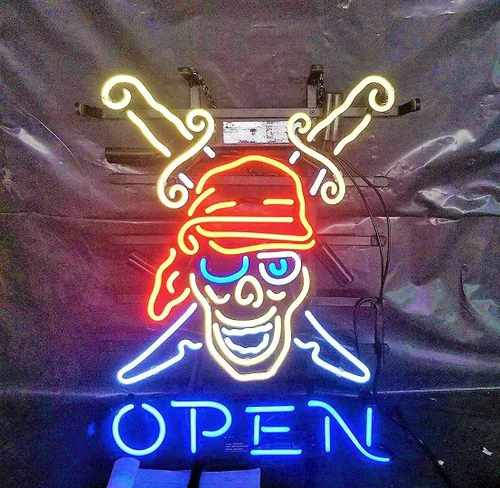 Letreros de neón de 20 x 16 pulgadas con diseño de pirata Open Raiders (varios tamaños) para hombre, cueva, bar, pub, cerveza, hecho a mano,