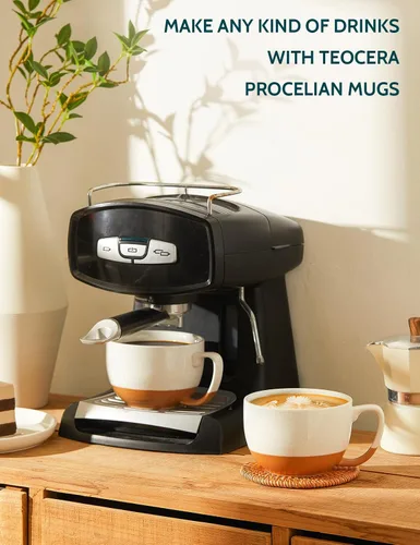 Miniatura 2 de Teocera Juego de 4 tazas de café color beige, taza de café de cerámica de 16 onzas, juego de tazas grandes con asa para bebidas frías o calientes