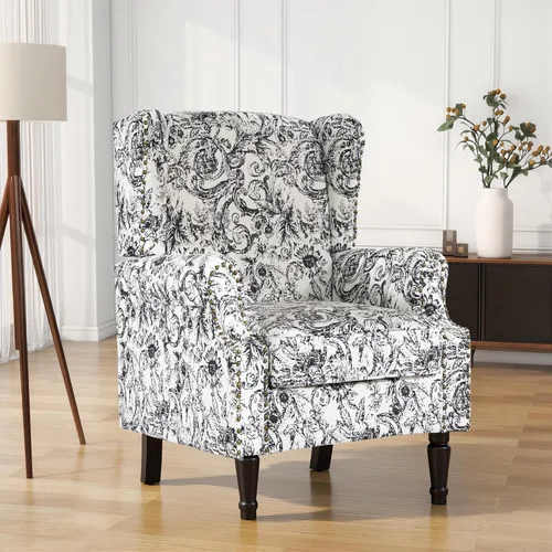Miniatura 32 de Silla de Acento de Respaldo Alto, Sillón Tapizado en Tela para Sala de Estar, Sillón Wingback con Estampado Floral con Patas de Madera Maciza, Sofá