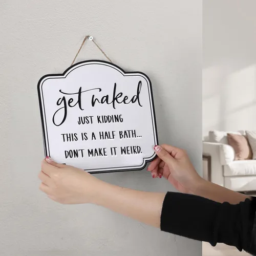 Miniatura 4 de LIVDUCOT Cartel de lata de baño divertido con texto en inglés «Get Naked», letrero de metal esmaltado negro sobre blanco, cita vintage para baño