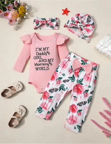 Miniatura 4 de KANGKANG Ropa de bebé recién nacida Hi I'm New Here, traje para recién nacido, mameluco para bebé, pantalones florales, lindos trajes de bebé niña