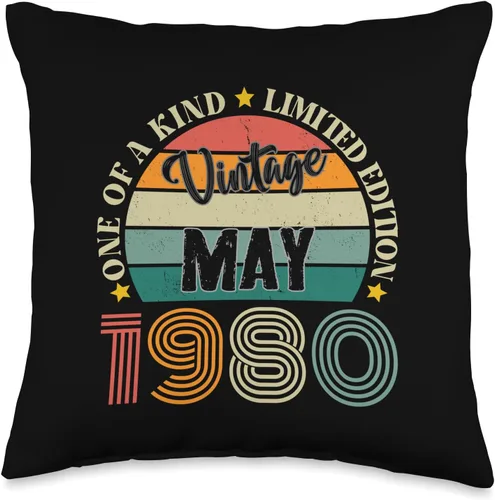 Vintage Birthday Retro Limited Edition Retro Gifts 44 Year Old Vintage May 1980 44th Birthday Retro Throw Pillow, 16x16, Multicolor