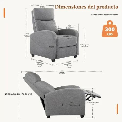 Miniatura 3 de Sweetcrispy Silla reclinable de tela; sofá reclinable sin masaje, asiento para cine en casa con soporte lumbar, reclinable ajustable con respaldo