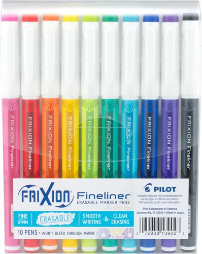 Pilot FriXion Fineliner - Rotuladores borrables, punta fina de 0.028 in, paquete de 10 unidades, colores clásicos, bolígrafos borrables, ideales