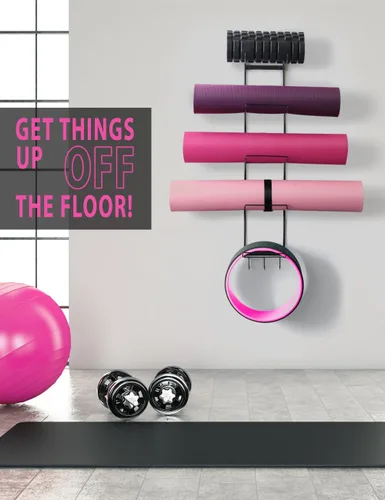 Miniatura 2 de MRZZATA Soporte de pared para esterilla de yoga de 5 niveles, estante de almacenamiento de metal para alfombrillas/ruedas, rodillo y bloque