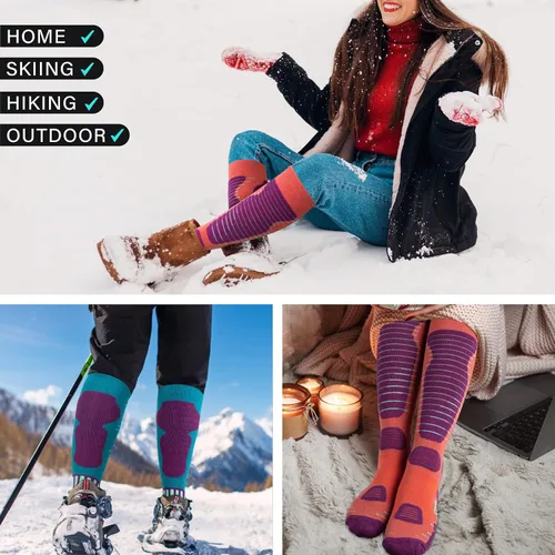 Miniatura 3 de Calcetines de esquí de lana merino para hombre y mujer, 2 pares para esquí, snowboard, térmicos hasta la rodilla, calcetines de rendimiento