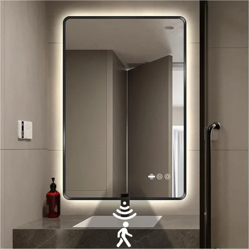 Espejo LED Negro para Baño, 32"x24" Espejo de Baño Inteligente con Luces, Sensor de Movimiento, Antivaho, Regulable Sin Escalones y 3 Colores,