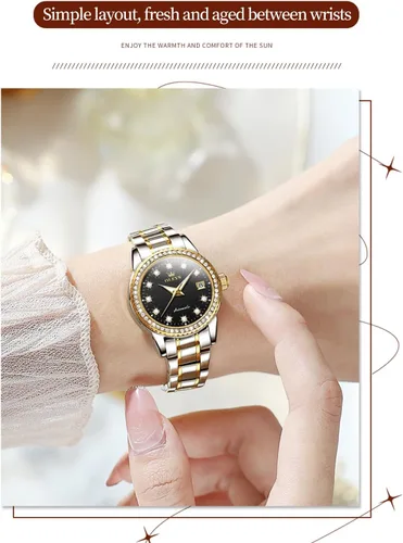 Miniatura 4 de OLEVS Reloj de pulsera de acero inoxidable original de acero inoxidable para mujer, mecánico automático, de lujo, color dorado