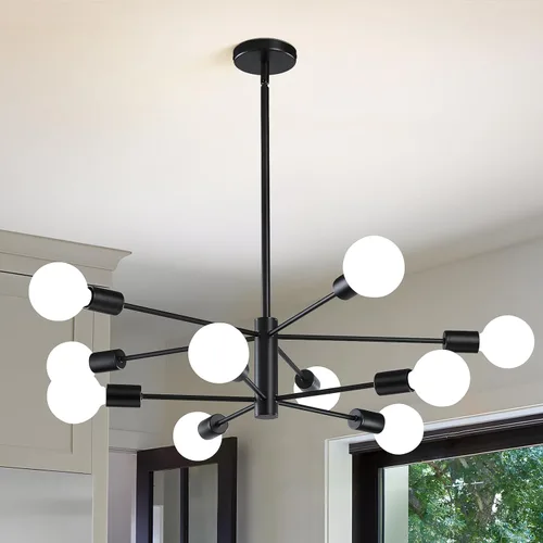 Miniatura 22 de RUIYEY Lámpara Sputnik Moderna, Lámpara de Techo Semiempotrada Negra y Dorada, Candelabros de Mediados de Siglo para Dormitorio, Comedor, Isla