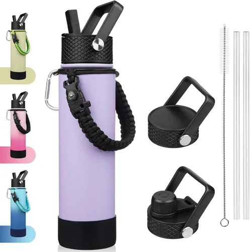 Miniatura 28 de BJPKPK - Botella de agua con tapa de popote, botellas de agua aisladas de 18 onzas con 3 tapas, asa de cuerda de paracaídas y base antideslizante