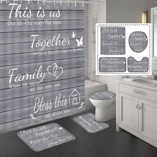 Miniatura 2 de Juego de 4 piezas de cortinas de ducha familiares con alfombras antideslizantes, cubierta para tapa de inodoro y tapete de baño, conjunto negro