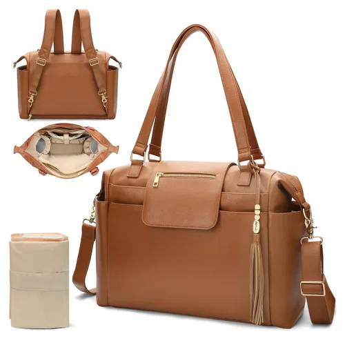 Omanmoli Bolsa de Pañales Tote de Cuero Mochila Bolsa de Pañales Grande Bolsa para Bebé 14 Bolsas Organizadoras de Pañales, Almohadilla Cambiadora,