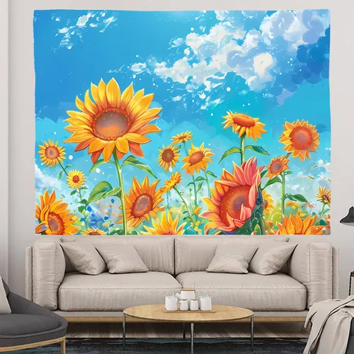Miniatura 4 de WODEJIAFANG Tapiz estético de tela para pared, tapiz decorativo de girasol, fondo de oficina, divisor de habitación para dormitorio, jardín al aire
