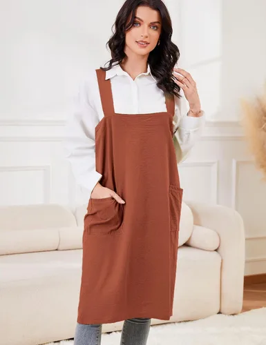Miniatura 3 de Schine Pinafore de algodón con espalda cruzada para mujer, con bolsillos grandes, prácticos delantales para trabajos de jardinería, cocina, Naranja