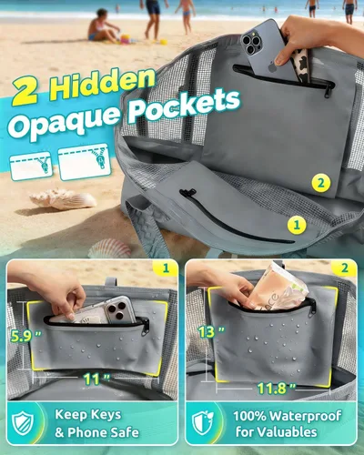 Miniatura 4 de Bolsa de playa de 50L con parte inferior impermeable y malla recubierta para playa, barco, piscina y deportes