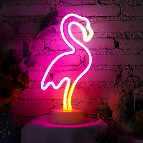 Miniatura 3 de Liliful Letrero de neón de flamenco, palmera de coco, luces de neón, hojas de palmera, funciona con pilas, alimentado por USB, con pedestal