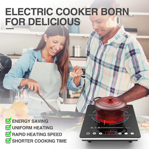 Miniatura 2 de VBGK Placa de Cocción Eléctrica, estufa eléctrica de 110 V, control táctil LED de un solo quemador, 9 niveles de potencia, bloqueo y temporizador