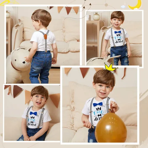 Miniatura 34 de Conjunto de ropa de cumpleaños para bebé niño pequeño, con tirantes, pantalones de mezclilla rasgados
