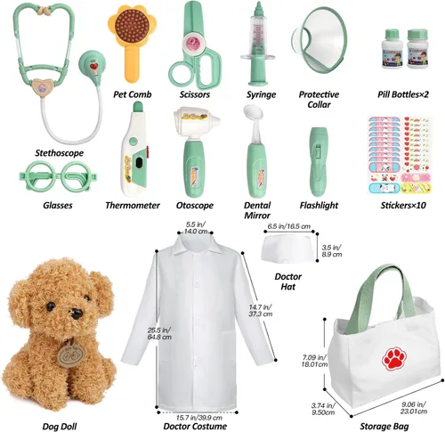 Miniatura 5 de Liberry Kit de médico para niños pequeños de 3, 4, 5, 6 años, 26 piezas con juguete para perro, estetoscopio y disfraz de disfraz, regalo médico