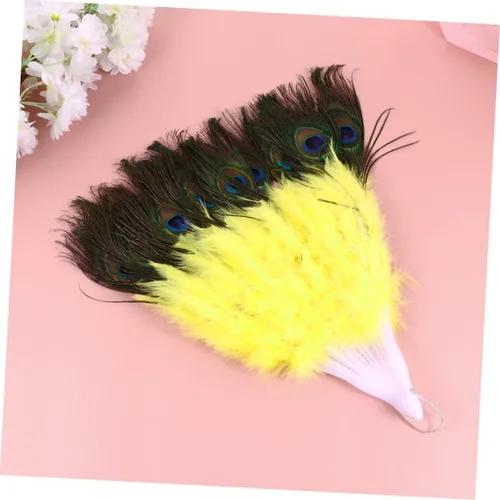 Miniatura 2 de DECHOUS Abanico de fiesta, 1 unidad, ventilador de mano de pavo real, ventilador plegable, ventilador de baile de ropa de pavo real amarillo pavo