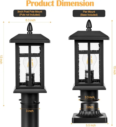 Miniatura 2 de Brilvibera 2 Paquetes Luces de Poste para Exteriores, Farol de Poste Negro Accesorio de Iluminación con Base de Montaje en Muelle, Farol de Poste