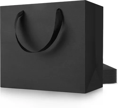 MOXARYSU Bolsas de regalo negras grandes: 12.5 x 4.5 x 11 pulgadas, 12 bolsas de papel kraft a granel para fiestas, compras, cumpleaños, bodas (L,