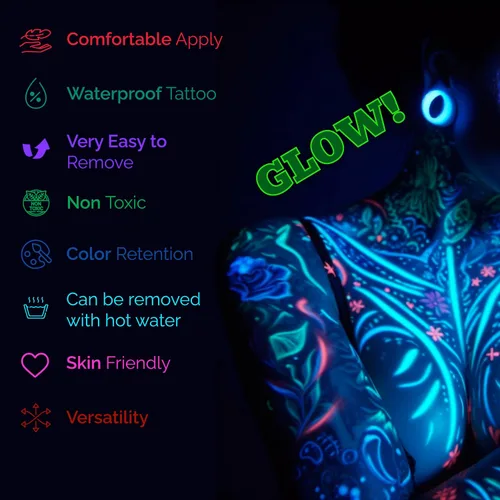 Miniatura 4 de Tatuajes temporales de neón que brillan en la oscuridad, 20 hojas, más de 170 diseños únicos para fiestas y festivales rave