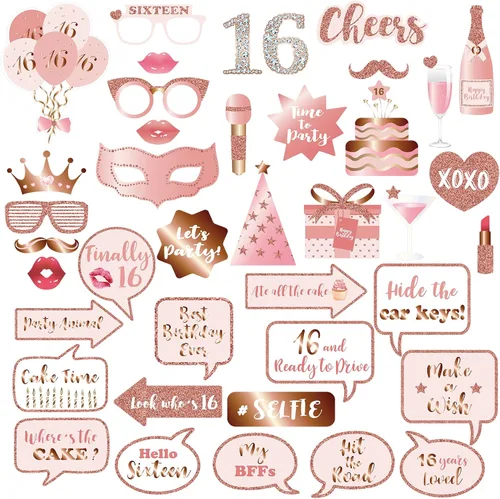 Accesorios y letreros para cabina de fotos de fiesta de cumpleaños número 16, color oro rosa, kit de accesorios para selfies con palos para niñas y