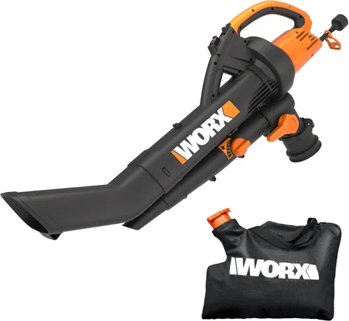 WORX WG505 Trivac - Soplador eléctrico 3 en 1 de 12 amperios, aspirador de hojas/triturador, con impulsor metálico para trituración fina